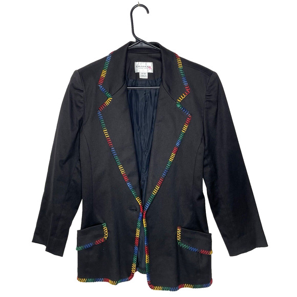 Emanuel Ungaro Blazer Womens 14 Black Wool Rainbow Stitch Detail Made in USA Y2K - Picture 1 of 9